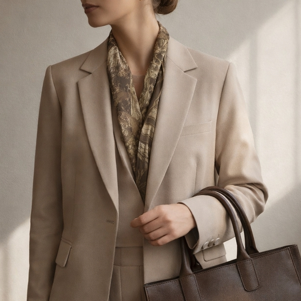 🤎 Adrienne Vittadini 100% Silk Scarf Neutral Geometric Print | Quiet Luxury